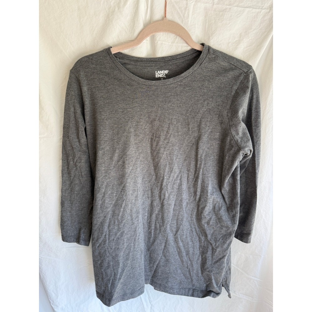 Lands End Womens M 10-12 Heathered Grey Crew Neck Long Sleeve T-Shirt Side Slit